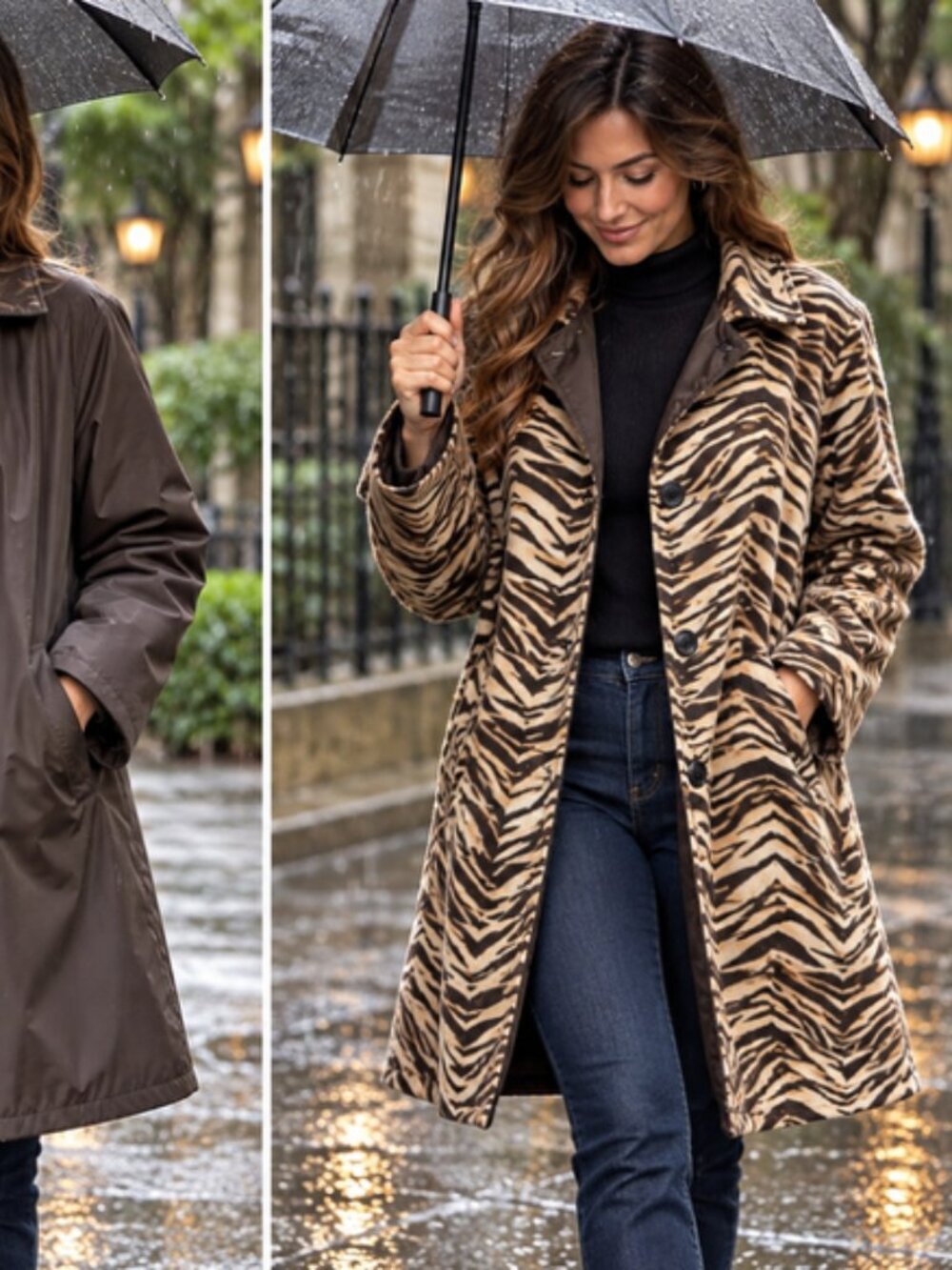 Gallery Woman Reversible Zebra Rain Coat Jacket 2X Brown Animal Print